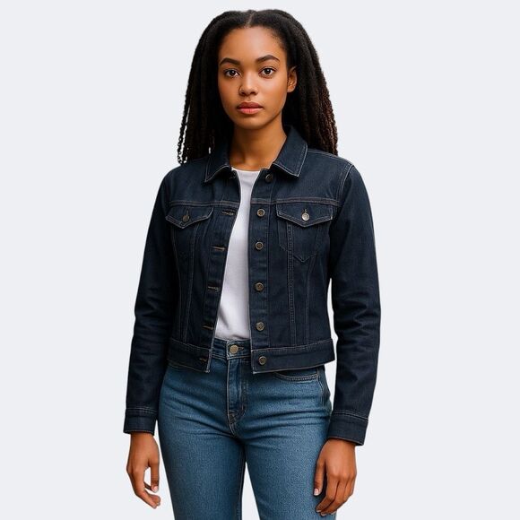 Talbots Dark Wash Denim Jean Jacket 4P Classic Cropped Fitted Preppy Minimalist - Picture 1 of 12